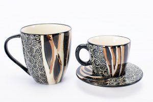 Letsopa Ceramics Mug Cup and Saucer in Black Zebra Gold design