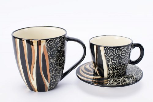Letsopa Ceramics Mug Cup and Saucer in Black Zebra Gold design