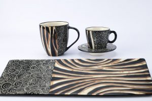 Letsopa Ceramics Hug-Mug, Cup and Saucer and Plate Medium-Flat in Black Zebra Gold design