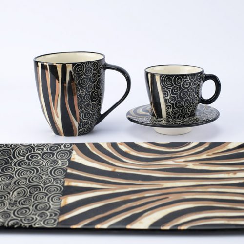 Letsopa Keramiek Set Mok, Cop en Schotel en platte schaal Zwart Zebra Goud