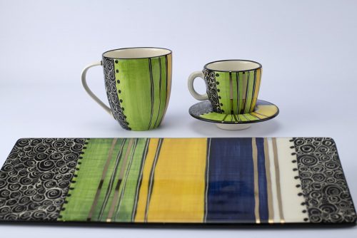 Letsopa Ceramics Hug-Mug, Cupa and Saucer and Plate Medium-Flat in Light Green Blue design