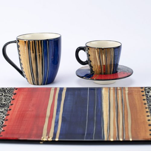 Letsopa Keramiek Set Mok, Cop en Schotel en platte schaal Rood Goud Bruin