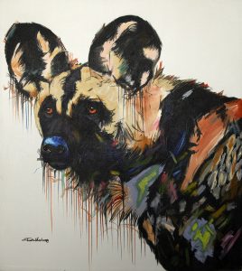 Oil on canvas painting of an African Wild Dog by Justin Mashora