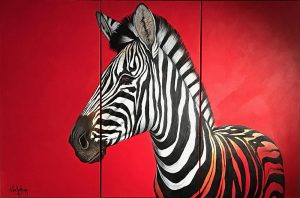 Zebra on red in three panels oil painting by South African artist Nic van Rensburg