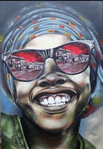 Big smile, blue headscarf red in glasses by Sabelo Mkhaliphi