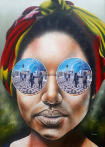 Sabelo Mkhaliphi painting Cityscape series, Green and Gold headscarf street scene in glasses