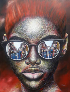 Sabelo Mkhaliphi painting Cityscape series, Redhead with rainy street in glasses